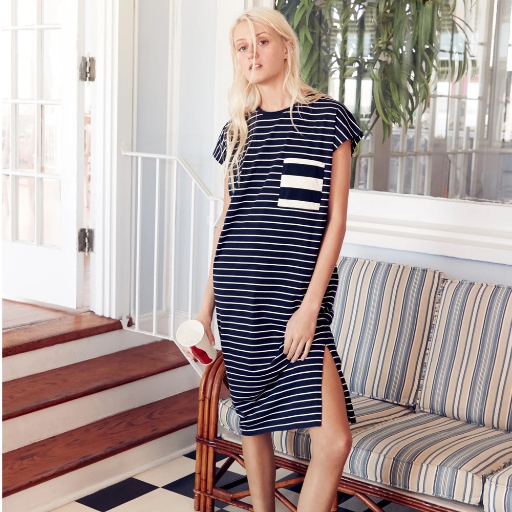 KULE The Honor Dress Navy Cream Stripe Organic Cotton Midi Size S sustainable